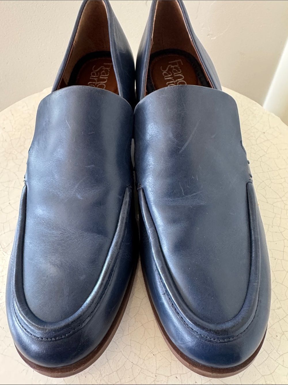 Franco Sarto Blue Leather Slip-On Loafers Block Heel Silver Accents Women’s Sz 8 - Picture 12 of 12